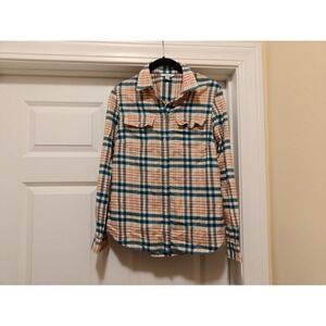 LL Bean Signature Womens XS Plaid‎ Button Down Shirt Cotton Teal Orange 293404